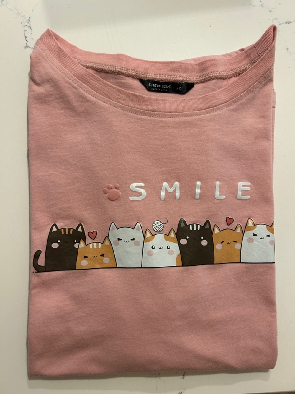 SHEIN Pink Short Sleeve Tee with Cute Cat Smile Graphic